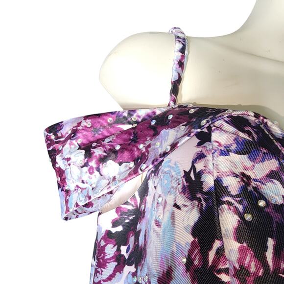 Xscape 12 Floral Ikat Rhinestone Jeweled Long Trumpet Mermaid Prom Dress Purple - Picture 4 of 13